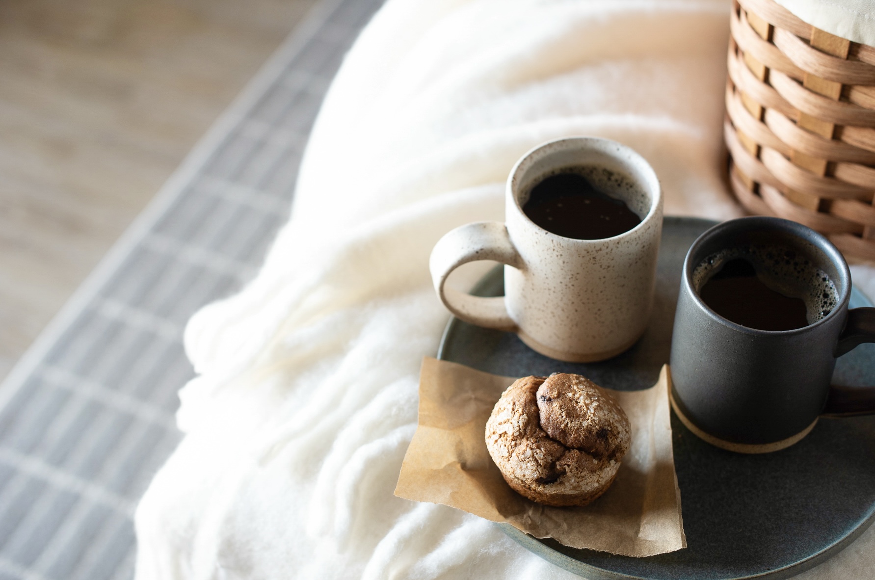 Daily breakfast basket with coffee and muffin in bed.